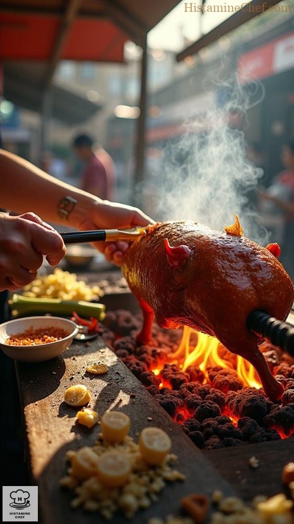 crispy skinned lechon on rotisserie