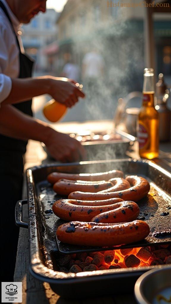 grilled bratwursts over flames