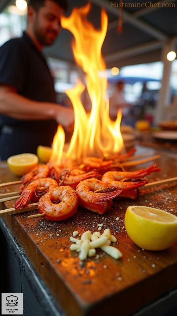 grilled prawns on skewers